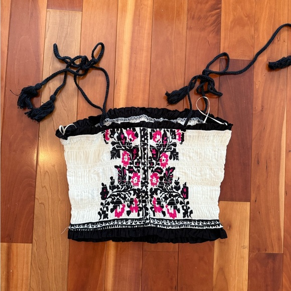 Embroidered Floral Smocked Cropped Tank Top - White with Pink & Black - Picture 5 of 5